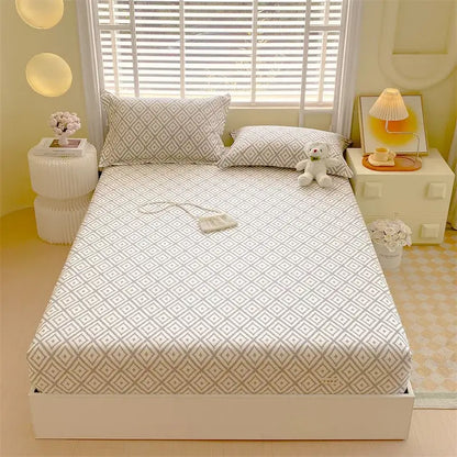 A soft white cotton striped fitted sheet with subtle gray geometric diamond pattern for bedroom decorbites bedding