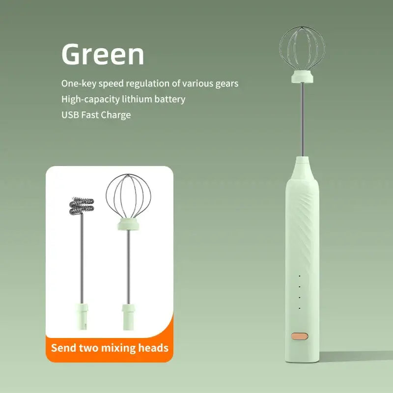 Light green electric milk frother with whisk attachment and two interchangeable mixing heads for kitchen use