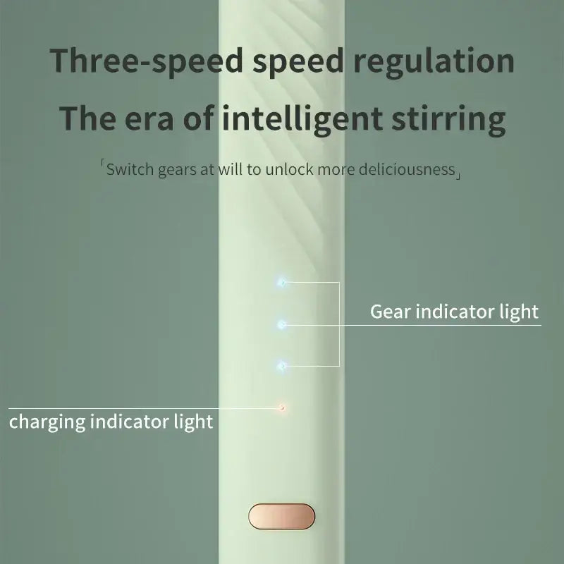 A sleek light green electric milk frother with three speed settings and indicator lights for charging and gear selection