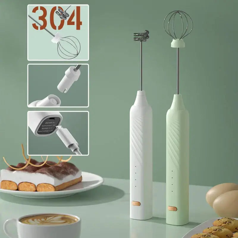 Two sleek pastel pink and blue electric milk frothers with ribbed textures for kitchen coffee mixing