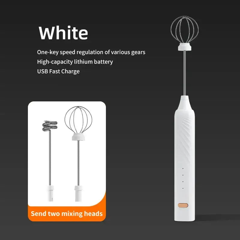 White handheld electric milk frother with sleek textured grip and interchangeable metal whisk attachments for coffee mixing