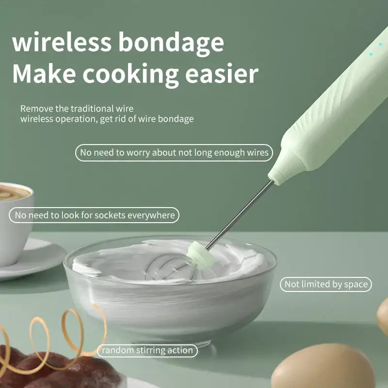 White wireless electric milk frother with metallic whisk attachment for effortless mixing in bowls