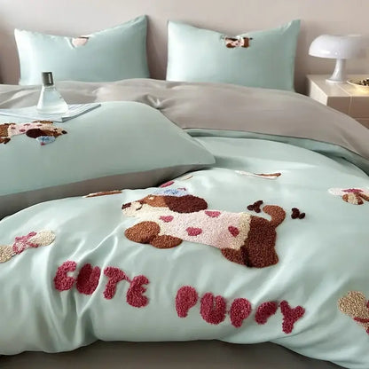 Mint green satin duvet cover with plush embroidered puppies and pink cute puppy lettering from decorbites cartoon embroidery cotton bedding set