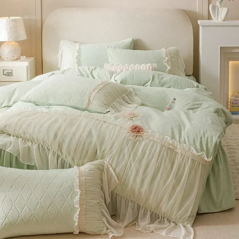 Mint green quilted bedding set with delicate lace trim and floral appliqués by decorbites cozy velvet lace collection