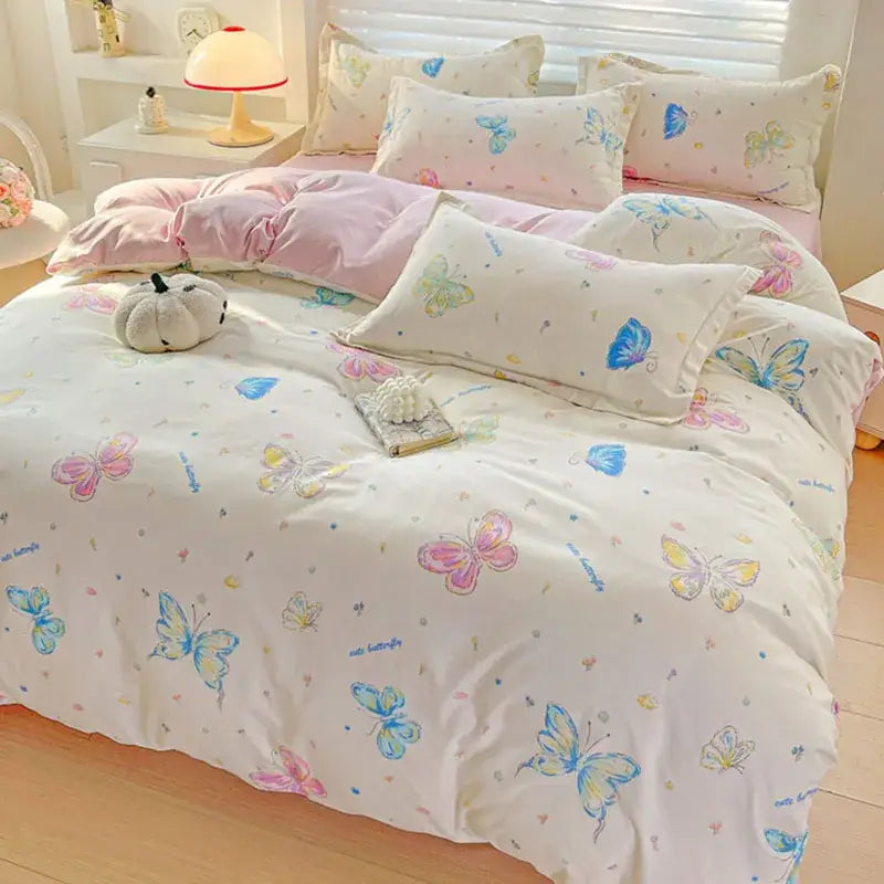 Pastel pink and cream butterfly cozy cotton bedding set with soft blue accents for bedroom decorbites cozy cotton bedding