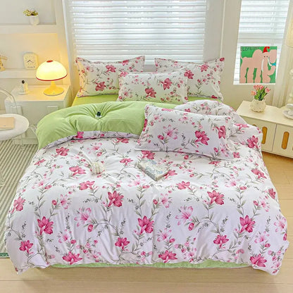 Pastel pink and cream butterfly cozy cotton bedding set with pink floral pattern and green trim for bedroom decorbites cozy cotton