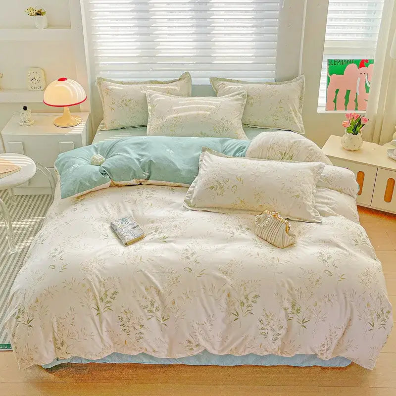 Pastel pink and cream butterfly cozy cotton bedding set with pastel mint and cream floral leaf patterns decorbites cozy cotton