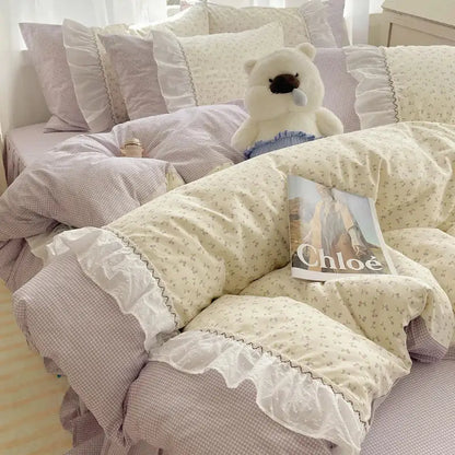 Pastel pink and cream cotton small florals bedding set with delicate ruffled lace trim for decorbites bedroom decor