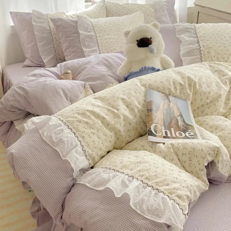 Pastel pink and cream cotton small florals bedding set with delicate ruffled lace trim for decorbites bedroom decor