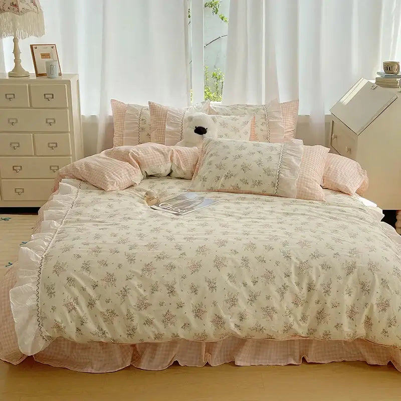 Pastel pink and cream cotton small florals bedding set with ruffled edges for bedroom decorbites cotton small use