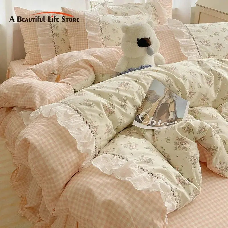 Pastel pink and cream cotton small florals bedding set with delicate lace trim for elegant decorbites cotton small decor