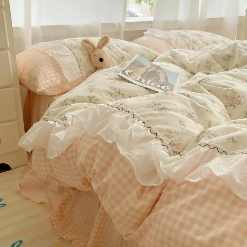 Pastel pink and cream cotton small florals bedding set with ruffled edges from decorbites cotton small collection