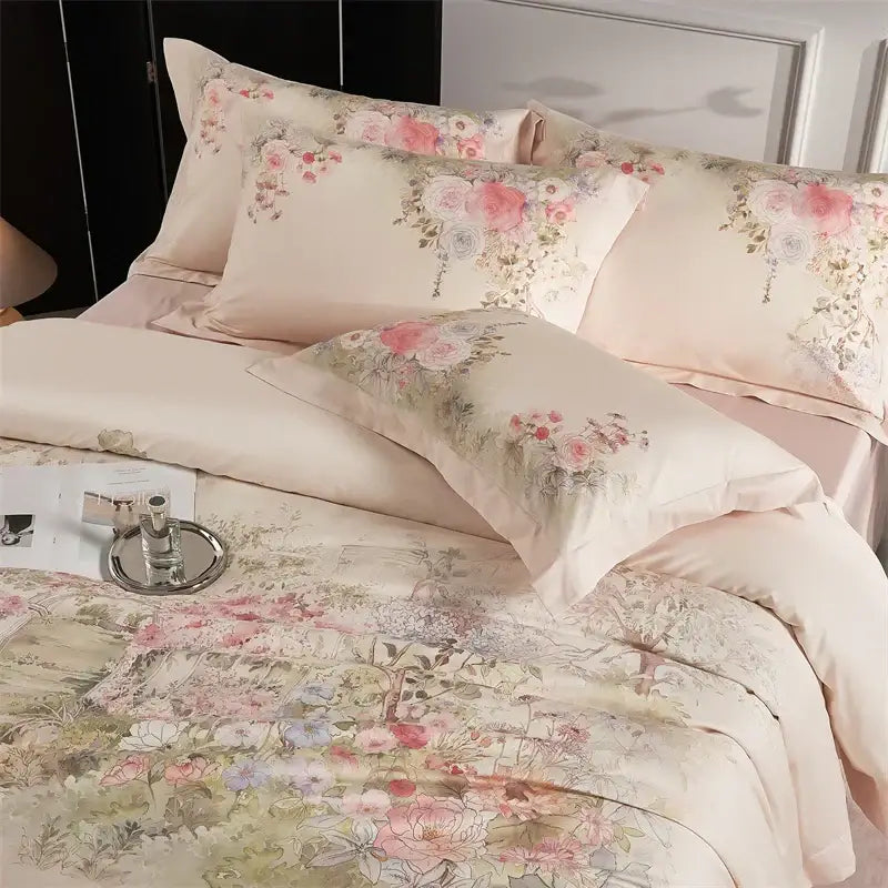 Pastel pink floral egyptian cotton bedding set with delicate rose prints on soft satin-like duvet cover fabric