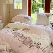 Pastel pink flowers lace ruffles bedding set with embroidered lavender roses for elegant bedroom decorbites decor