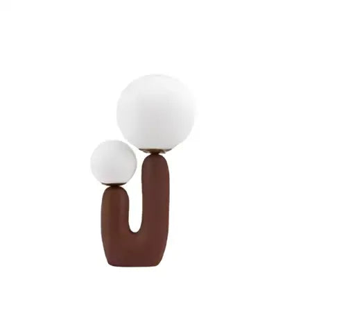 Brown u-shaped base glass ball table lamp with two white spherical glass shades for bedroom use
