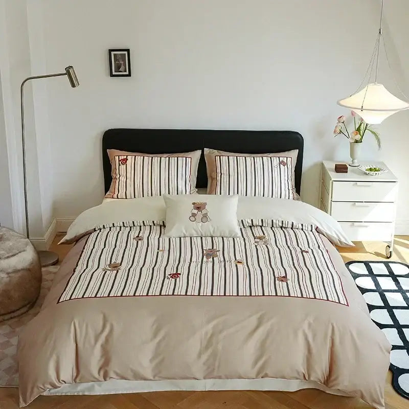 Beige and black striped decorbites cotton embroidered bedding set featuring teddy bear motifs for bedroom use