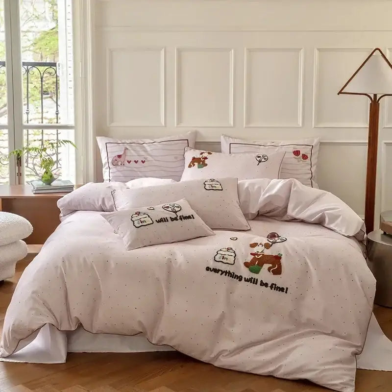 Pastel pink and gray decorbites cotton embroidered bedding set with cute cartoon animals and everything will be fine phrase