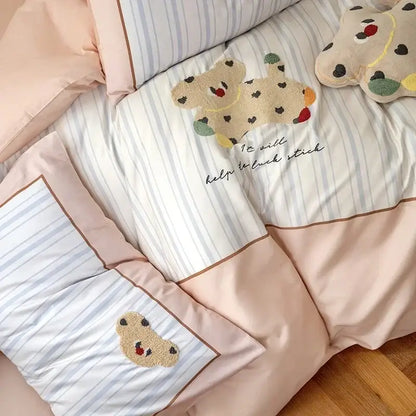 Pastel pink and light blue striped decorbites cotton embroidered bedding set with teddy bear motifs for bedroom decor