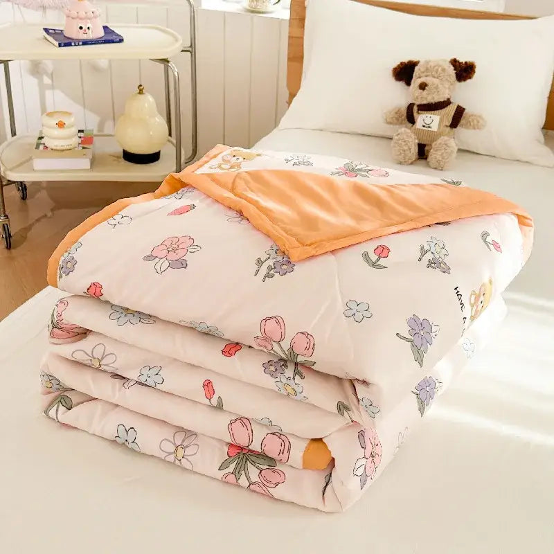 Pastel pink cartoon bear printed summer quilt with delicate floral pattern and orange velvet border by decorbites