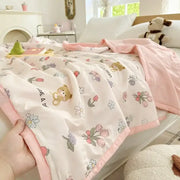 Pastel pink and white cartoon bear printed summer quilt blanket with teddy bears tulips and have a dream phrase