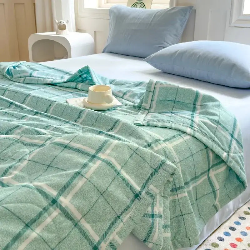 Soft mint green and white plaid blanket with cozy textured weave for pastel pink and white cartoon bear printed quilt