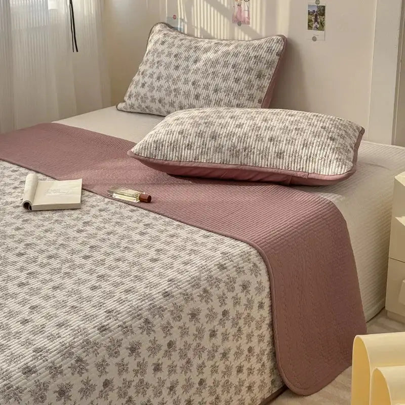 Pink and cream floral quilted cotton bed cover with ribbed texture for soft anti slip tatami mat bedroom use