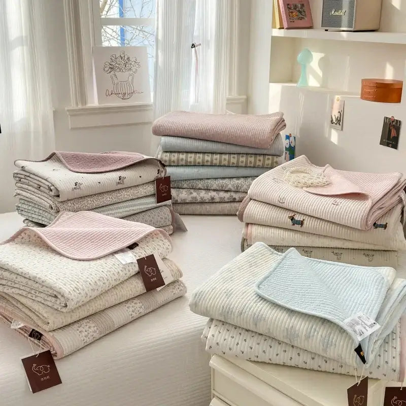 Stacks of pastel quilted cotton bed covers with floral and animal prints designed as soft anti slip tatami mats