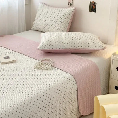 Pink quilted cotton bed cover with subtle white polka dot pattern soft tatami mat for bedroom use