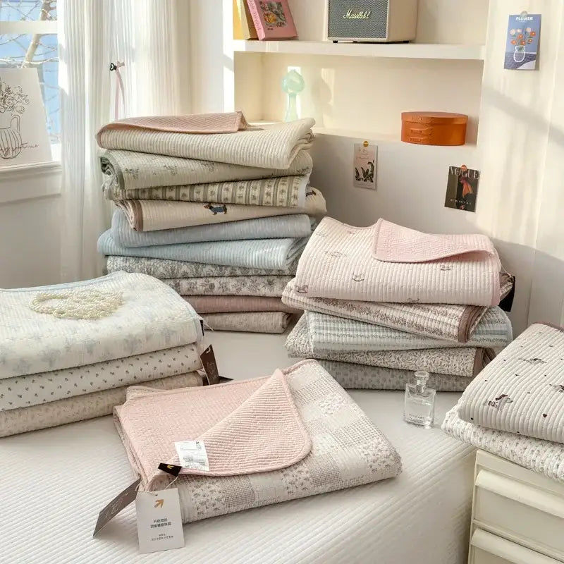 Stack of pastel-colored quilted cotton bed covers with soft textures suitable for tatami mat and bedroom use