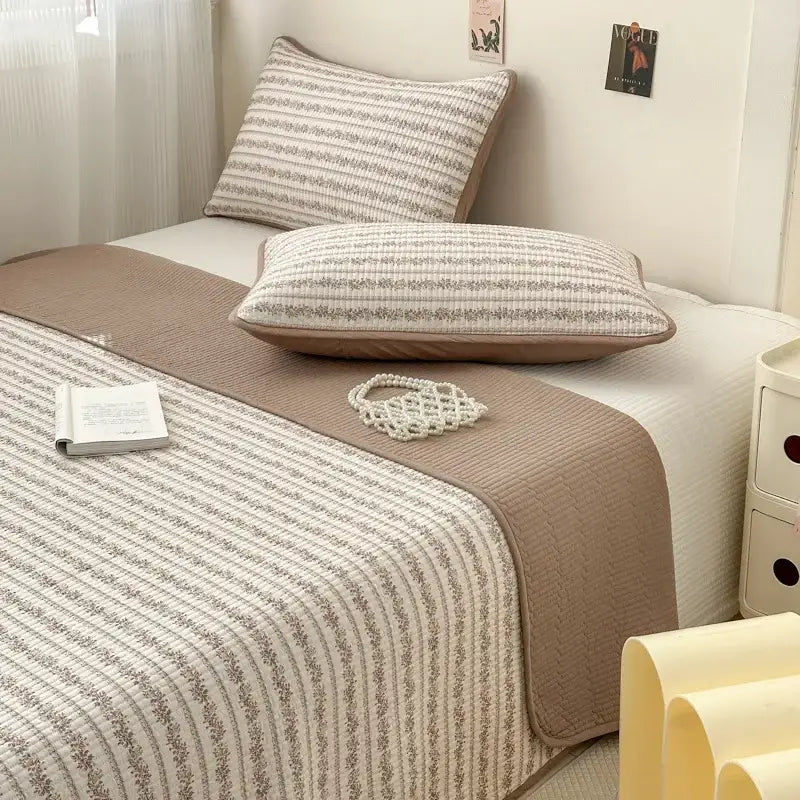Beige and gray striped pastel quilted cotton bed cover with subtle leaf pattern soft anti slip tatami mat design