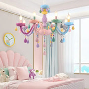 Pastel rainbow decorbites crystal candle chandelier with rainbow-hued arms and teardrop ornaments for bedroom light