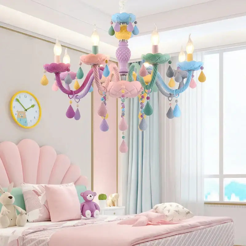 Pastel rainbow decorbites crystal candle chandelier with rainbow-hued arms and teardrop ornaments for bedroom light