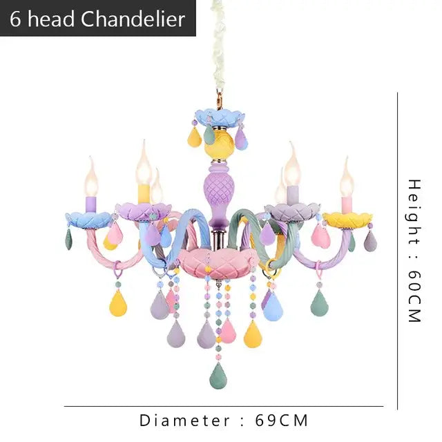 Pastel-colored decorbites crystal candle chandelier with six painted metal arms and dangling crystal teardrop pendants for bedroom light
