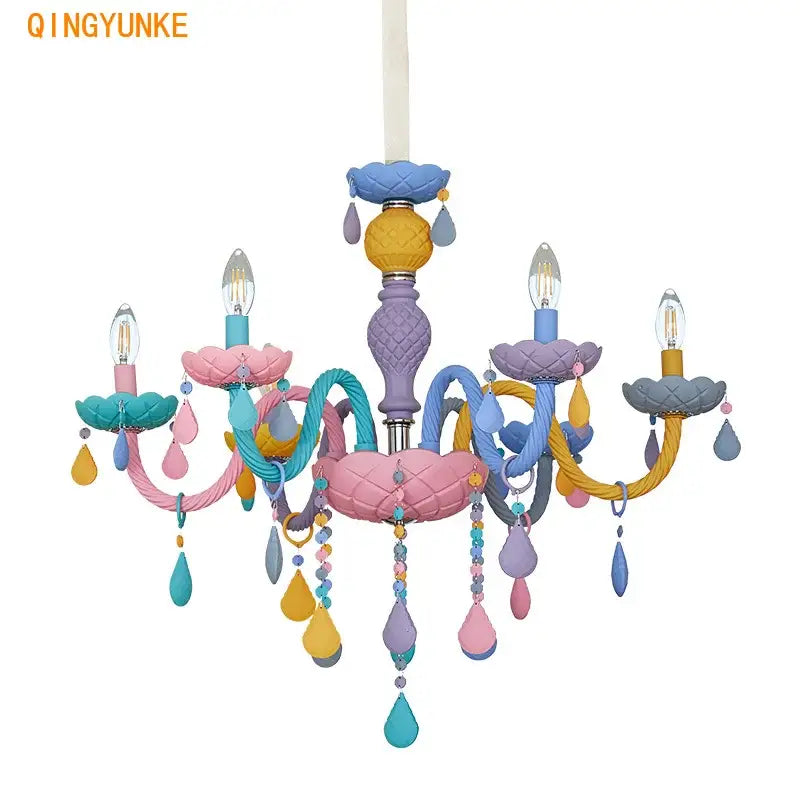 Pastel rainbow decorbites crystal candle chandelier with painted resin arms and teardrop crystal pendants for bedroom light