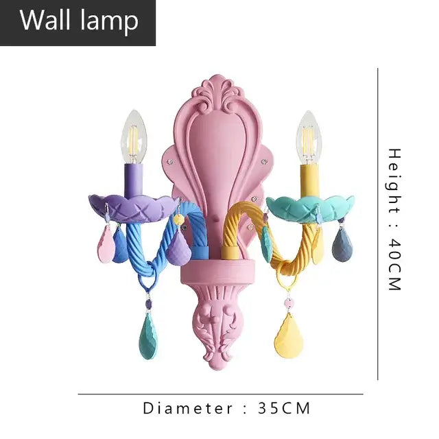 Pastel pink decorbites crystal candle chandelier with braided purple and yellow arms and teardrop pendants for bedroom lighting