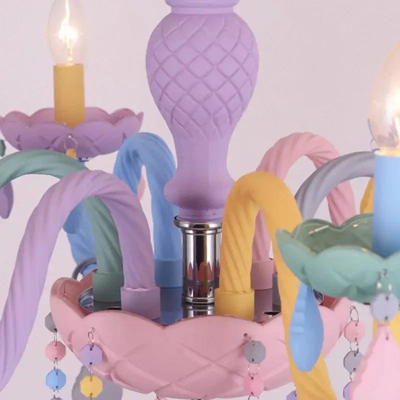 Pastel rainbow decorbites crystal candle chandelier with lavender body, colorful arms, and dangling pastel beads for bedroom light