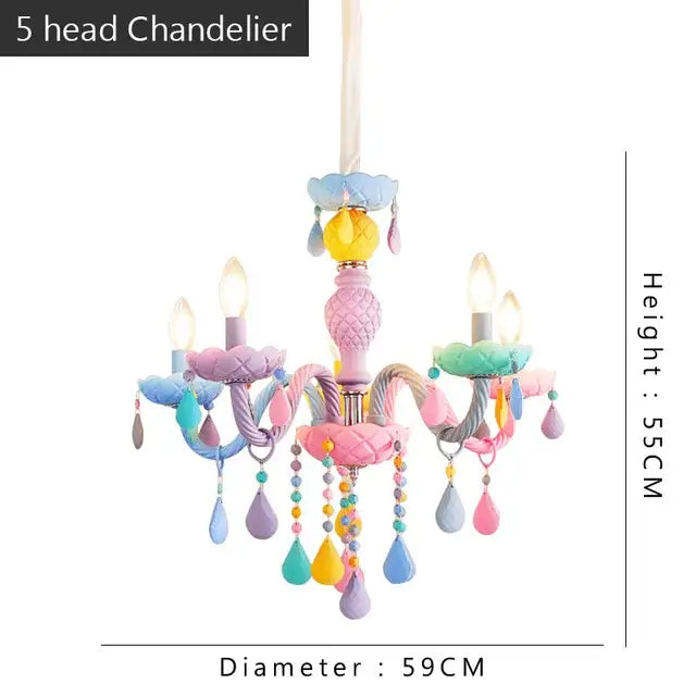 Pastel-colored decorbites crystal candle chandelier with painted resin arms and teardrop crystals for bedroom light