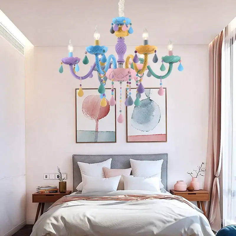 Pastel rainbow decorbites crystal candle chandelier with multi-colored arms and teardrop ornaments for bedroom light