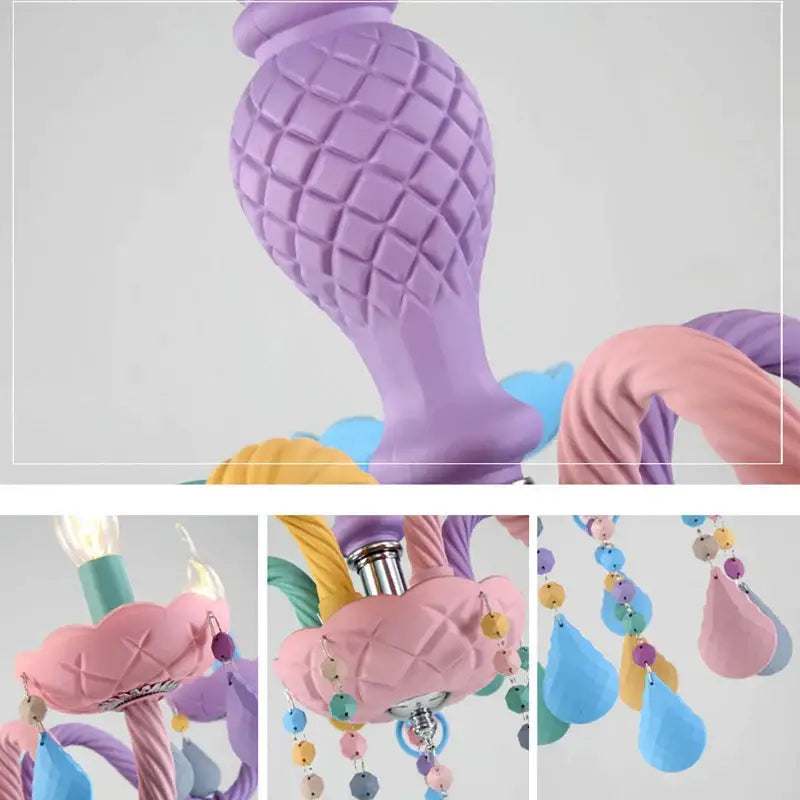 Pastel rainbow decorbites crystal candle chandelier with lavender quilted stem and pink twisted arms with pastel beads