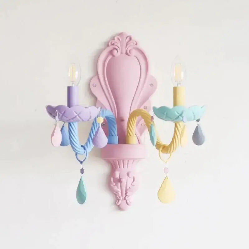 Pastel rainbow decorbites crystal candle chandelier bedroom light with pastel pink ornate wall sconce and colorful arms