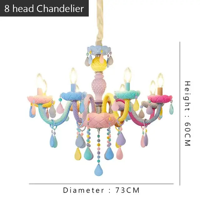 Pastel-colored decorbites crystal candle chandelier with painted resin arms and teardrop crystals for bedroom light