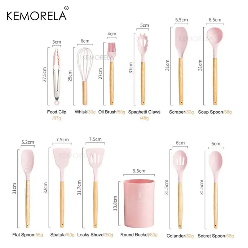 Kemorela pastel silicone kitchen utensils set with wooden handles pink heads including whisk spatula spoon scraper and ceramic cup