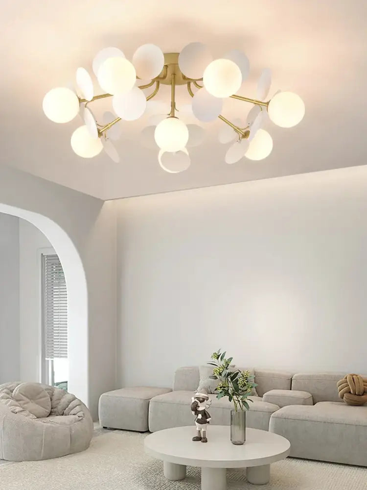 Modern pastel spherical colorful chandelier pendant lamp with gold frame and frosted white bulbs for dining room decorbites