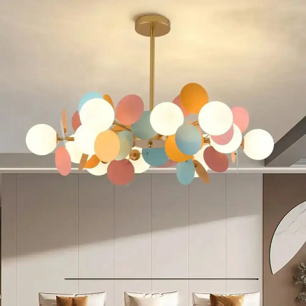 Pastel spherical colorful chandelier pendant lamp with gold-toned rod for dining room decorbites colorful chandelier