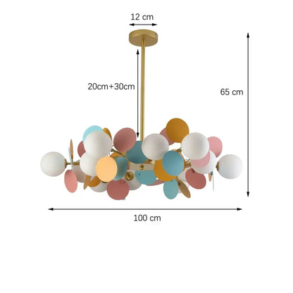 Pastel spherical colorful chandelier pendant lamp with glass orbs and gold-toned metal frame for dining room decorbites