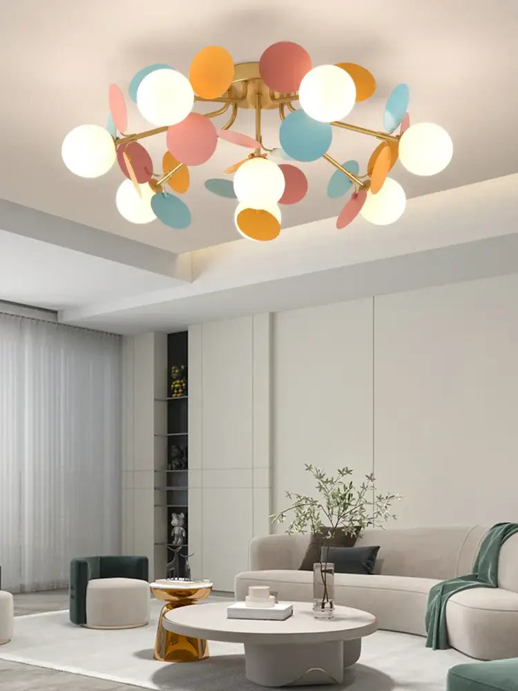 Pastel spherical colorful chandelier pendant lamp with gold toned frame ideal for dining room decorbites colorful chandelier