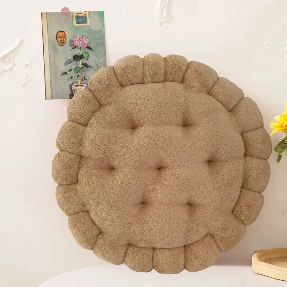 Beige decorbites cookie biscuit cushion with scalloped edge plush tufted fabric soft throw pillow for living room decor