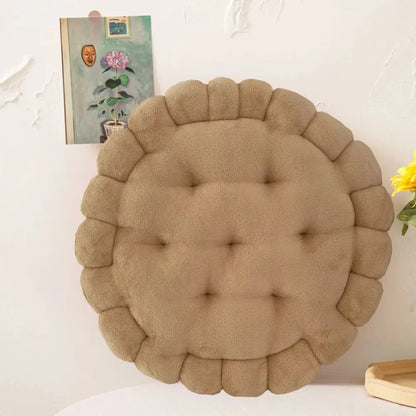 Beige decorbites cookie biscuit cushion with scalloped edge plush tufted fabric soft throw pillow for living room decor