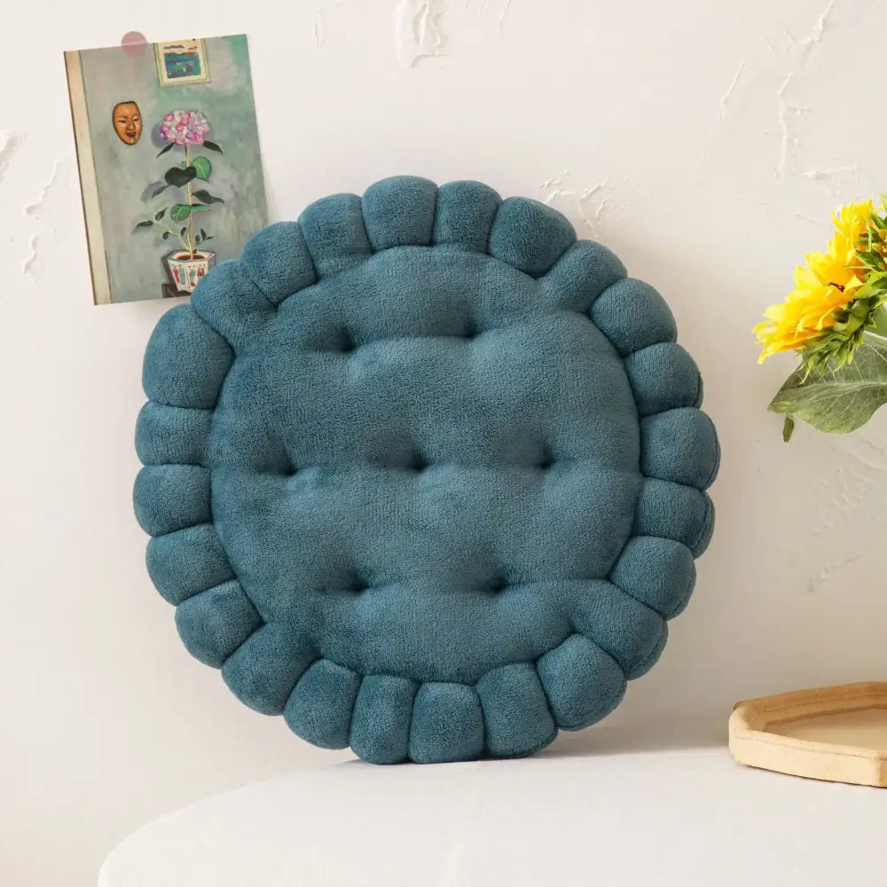 Teal tufted circular cookie biscuit cushion with plush fabric and scalloped edge for soft living room decorbites biscuit cushion