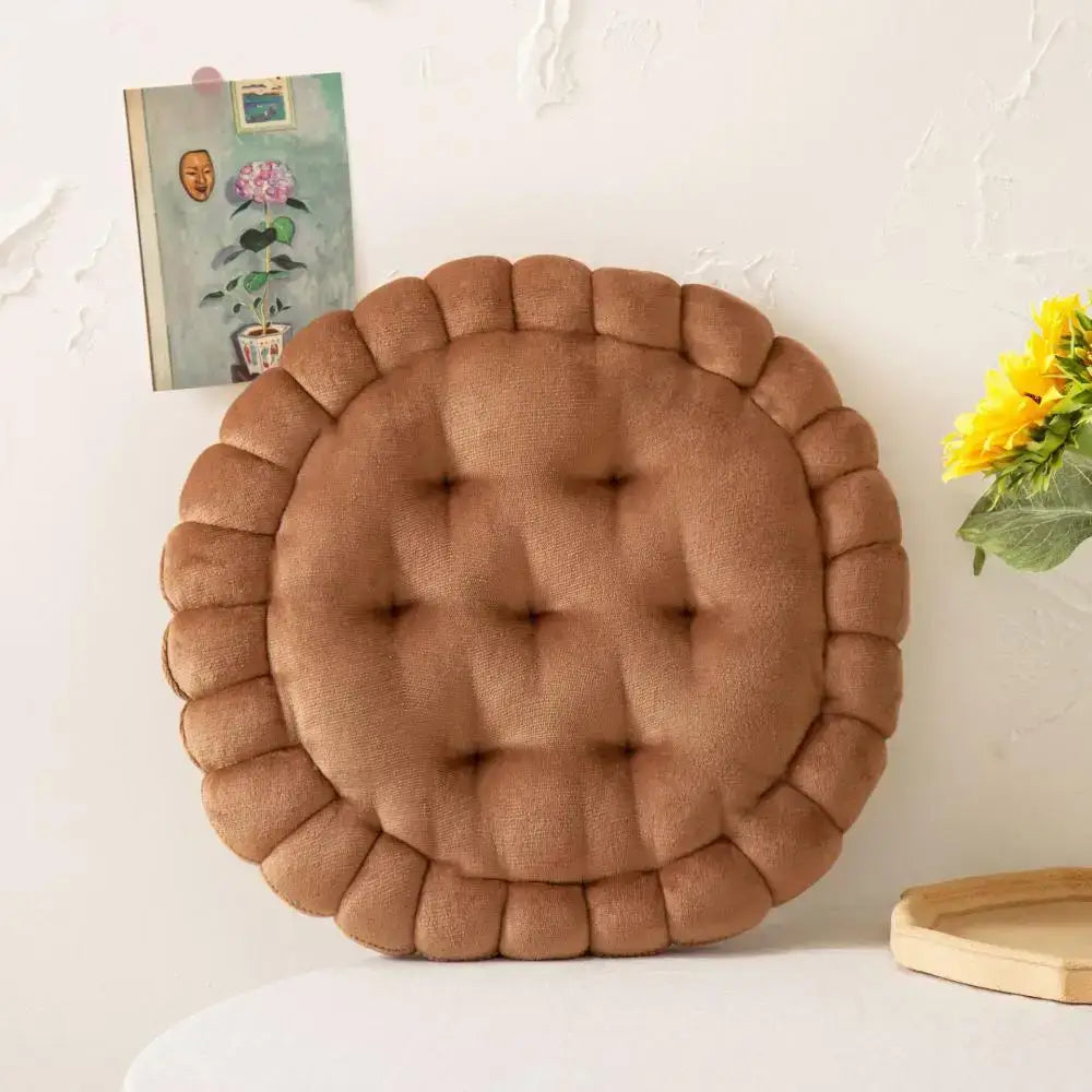 Brown tufted cookie biscuit cushion with scalloped edge soft fabric texture biscuit cushion soft for living room decorbites